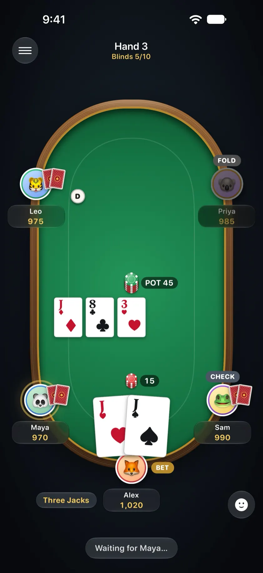 Local Poker table on Alex's iPhone: five players, the flop and Alex holding three jacks