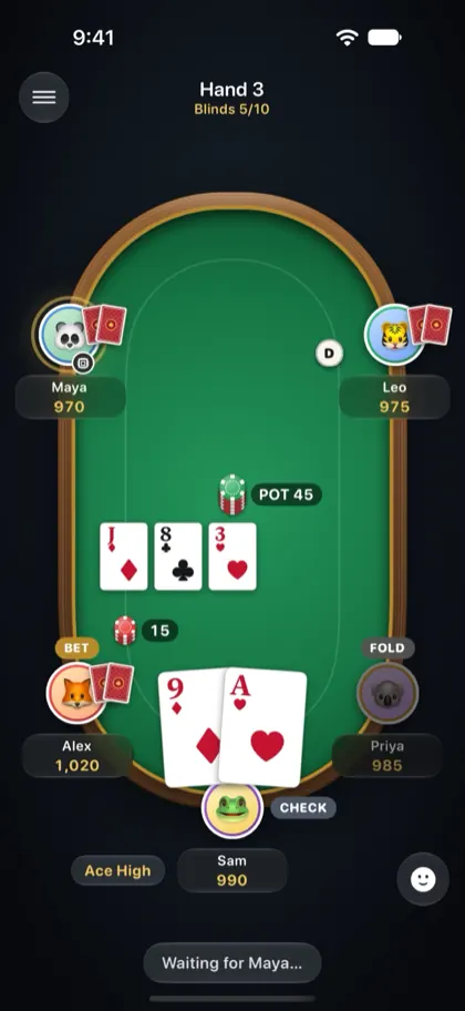 Sam's iPhone showing the same hand from Sam's seat