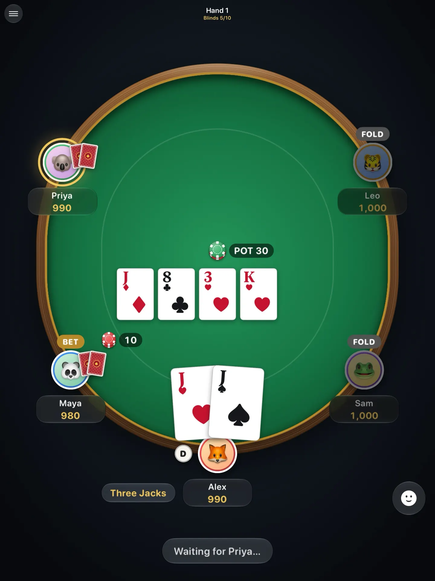 Local Poker on iPad: the full table with five players and the flop